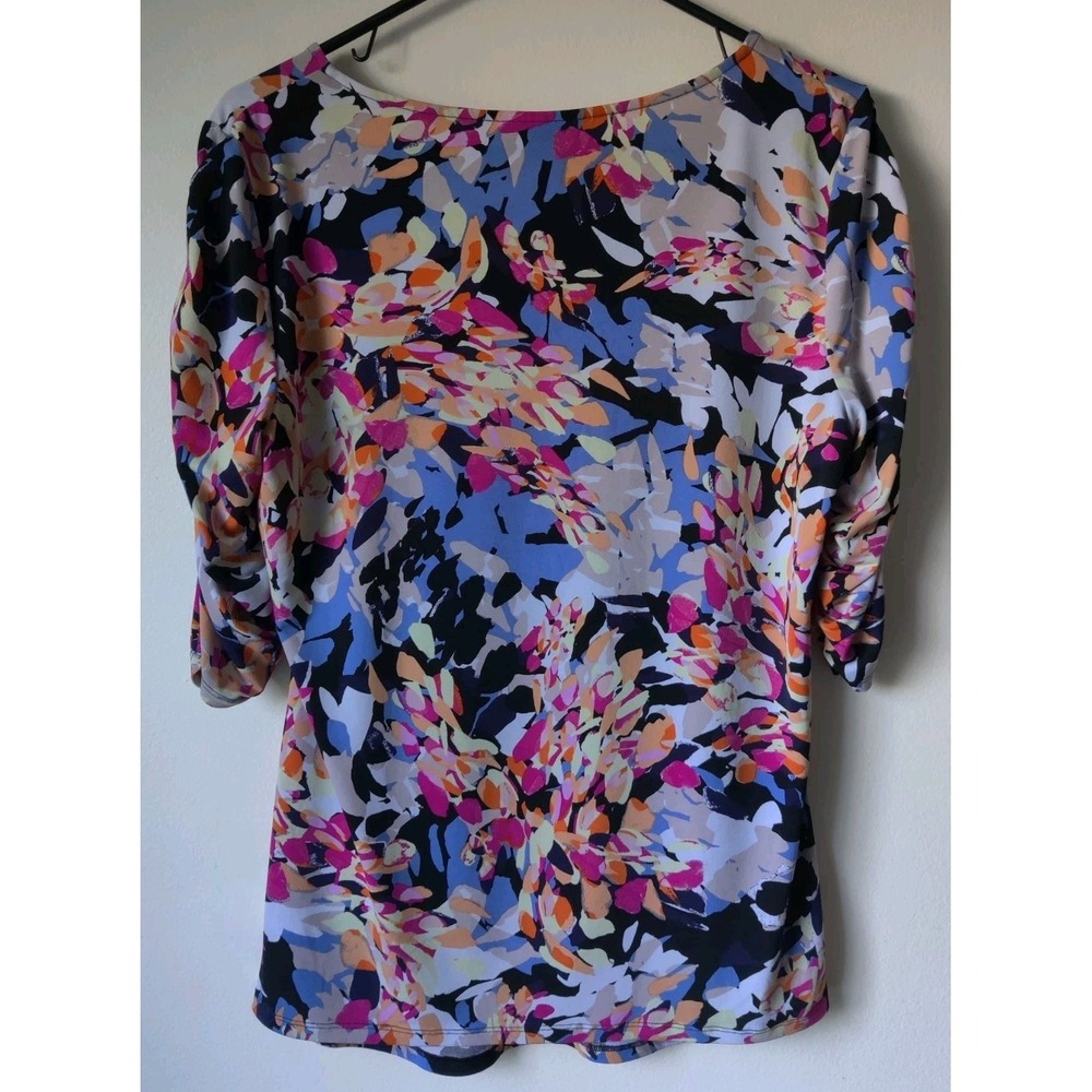 Dana Buchman Women's L Floral Print Stretchy Top 3/4 Ruched Sleeve Round Neck - Picture 2 of 6
